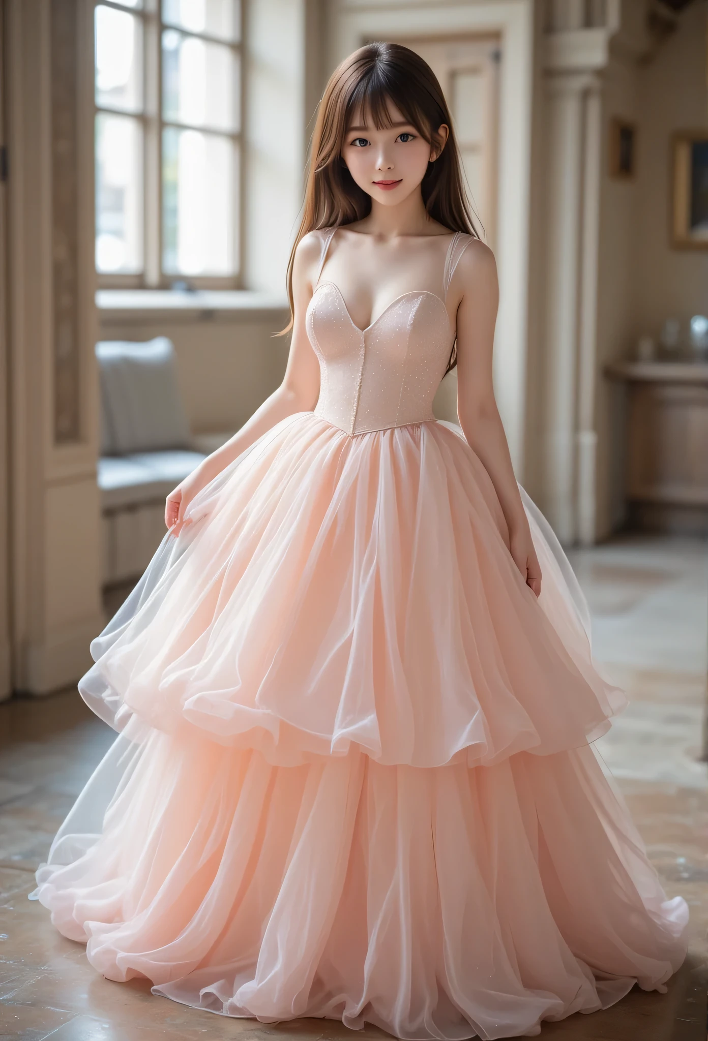 (super shiny crystal-clear transparent pale skin colored pvc princess line ball gown dress :1.4),(super cute young face:1.5),(sparkling clear attractive large glowing eyes:1.5), (japanese idol face:1.5),very beautiful cute girl,(baby face:1.4),(thirteen  years old:1.4),exquisite smooth and silky long brown straight hair,fair skin,(happy cheerful smile),professional photograph ,(super shiny crystal-clear transparent pale skin colored pvc princess line ball gown dress :1.4),(huge breasts:1.5),body shot,
narrow waist,in the castle