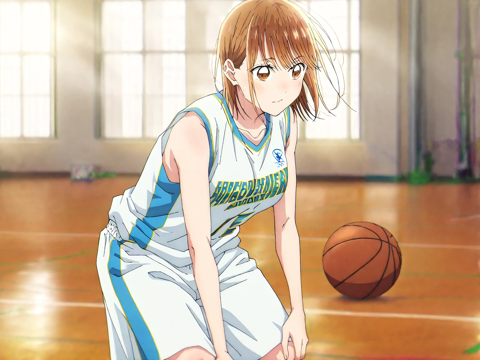       1 girl, Alone, Chinatsu,     Blurred Background,       brown eyes、       basketball uniform with a basketball in one hand 、       tank top 、Bibs、 Inside is black 、naked 、  Skindent 、   large areolas supporting breasts 、      lean forward     、   put your hands on your knees、      small 、belly button、Gym、       basketball only      、    viewers, masterpiece,  top quality,       High Quality     ,             very aesthetic         ,       absurd、(       sleeveless 、  basketball only      、side、side汗、   Raise your face  、    dribble、Move)、execution、     hopeless、      sweated、In motion、 basketball ring      