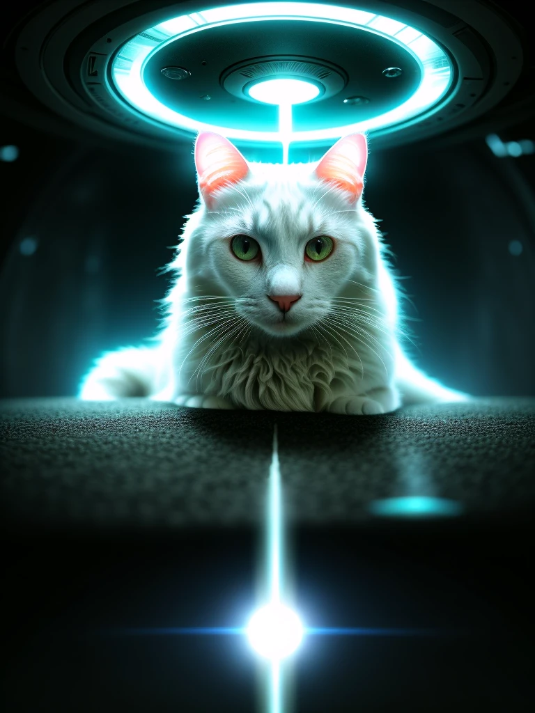 A close-up portrait of a white cat in a parallel universe, hyper detailed, cinematic, dramatic lighting, intricate sci-fi environment, neon lights, floating islands, alien architecture, glowing crystals, volumetric fog, futuristic, highly detailed, photorealistic, 8k, masterpiece, award winning, cinematic composition, dramatic angles, mood lighting, epic scale, sense of wonder, awe-inspiring