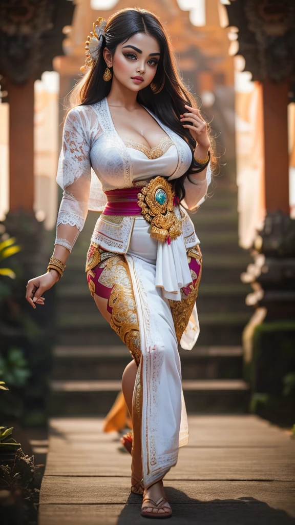 (( top quality)), ((masterpiece)), (detail), heavenly beauty Aishwarya look alike  , perfect facial detail , fit curvy body , Beautiful legs,Balinese girl wearing white Balinese traditional clothes, dancing traditional Balinese dance, Balinese epic vibes,depth of field , foto 8K, hdr, professional lighting , taken with canon eos r5 , 75mm lens