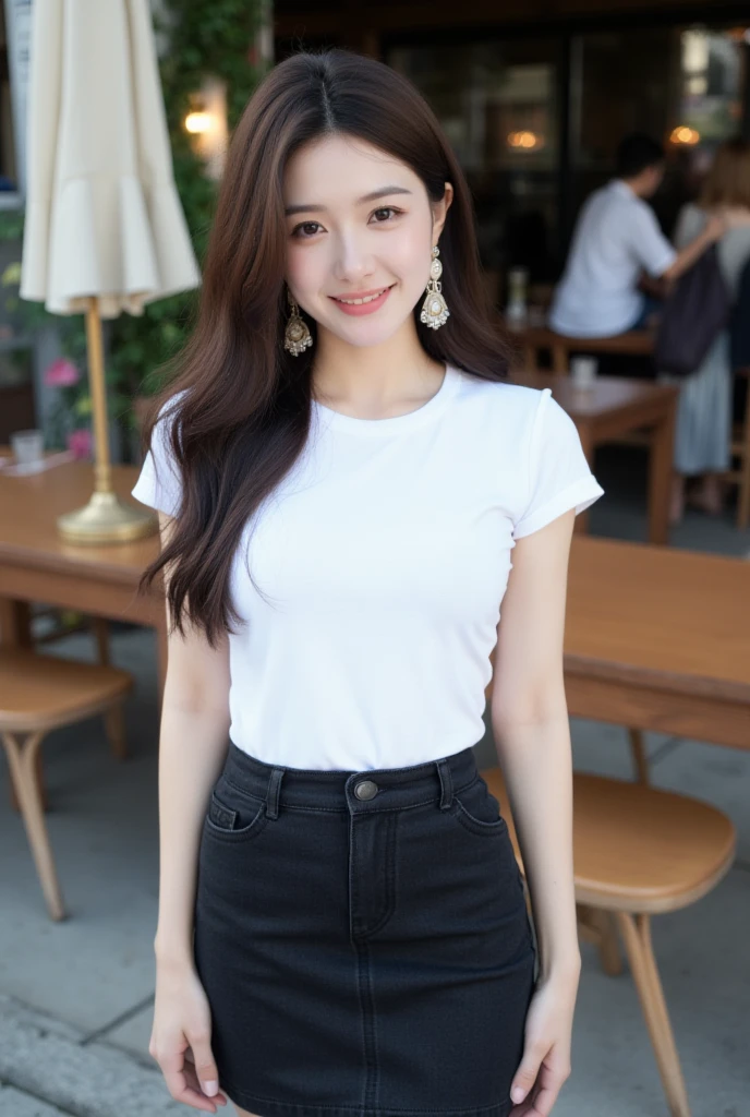  Thai girl with long natural brown hair., Age 22 years, slender,  medium breasts,  Smirk,  Wearing Round Neck White Short-Sleeved T-Shirt ,  Short black pencil denim skirt  , Random pose , Standing posture,  Moonlight , Daylight  , Cafe location 