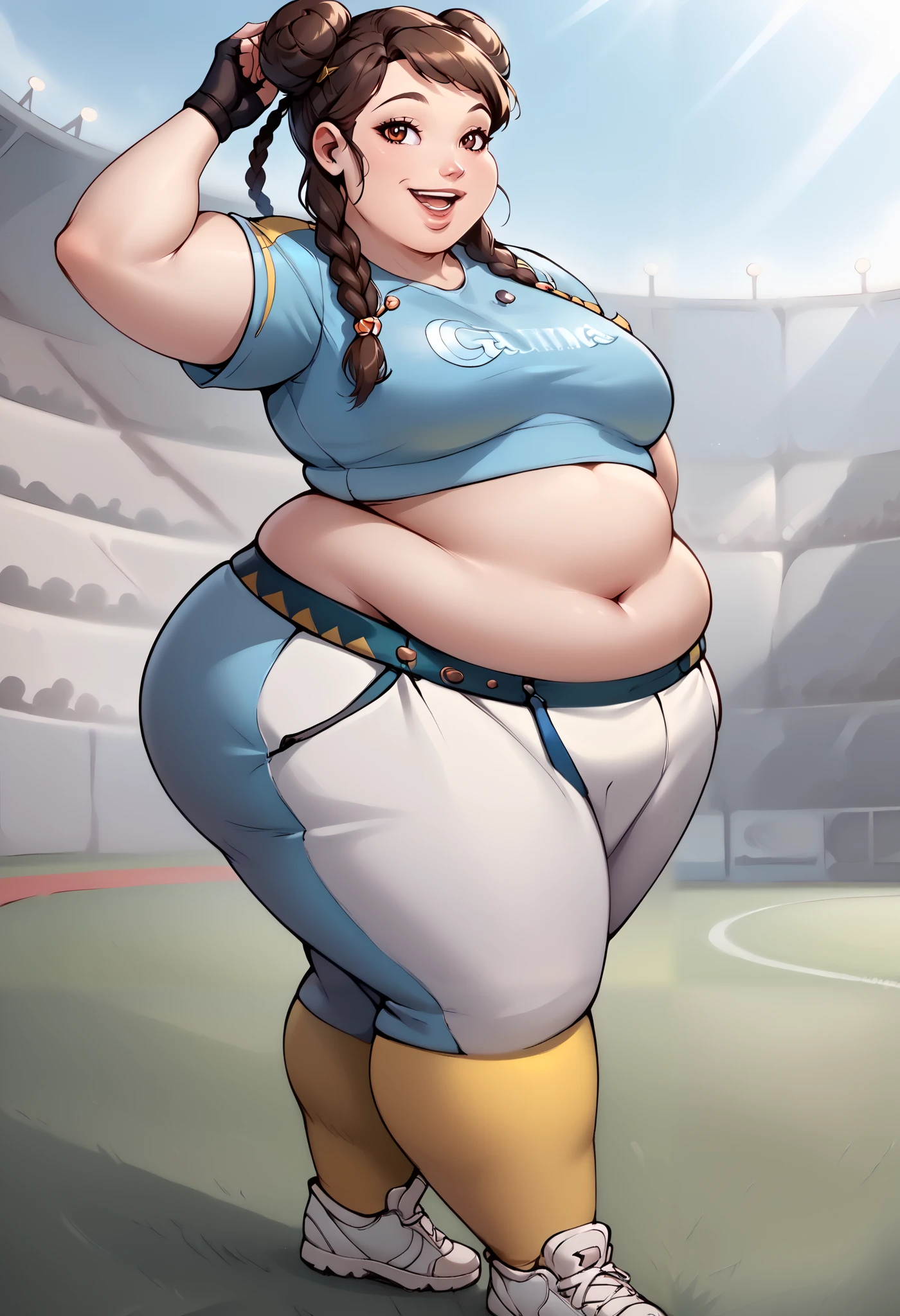 score_9, score_8_up, score_7_up, score_6_up, source_anime, BREAK masterpiece, LeiFangDOA, brown hair,  twin braids, double bun, bun cover, crop top, yellow leggings, short sleeves, fingerless gloves, breasts, smile, open mouth , full body, adjusting hair , smile, parted lips, looking at viewer, stadium