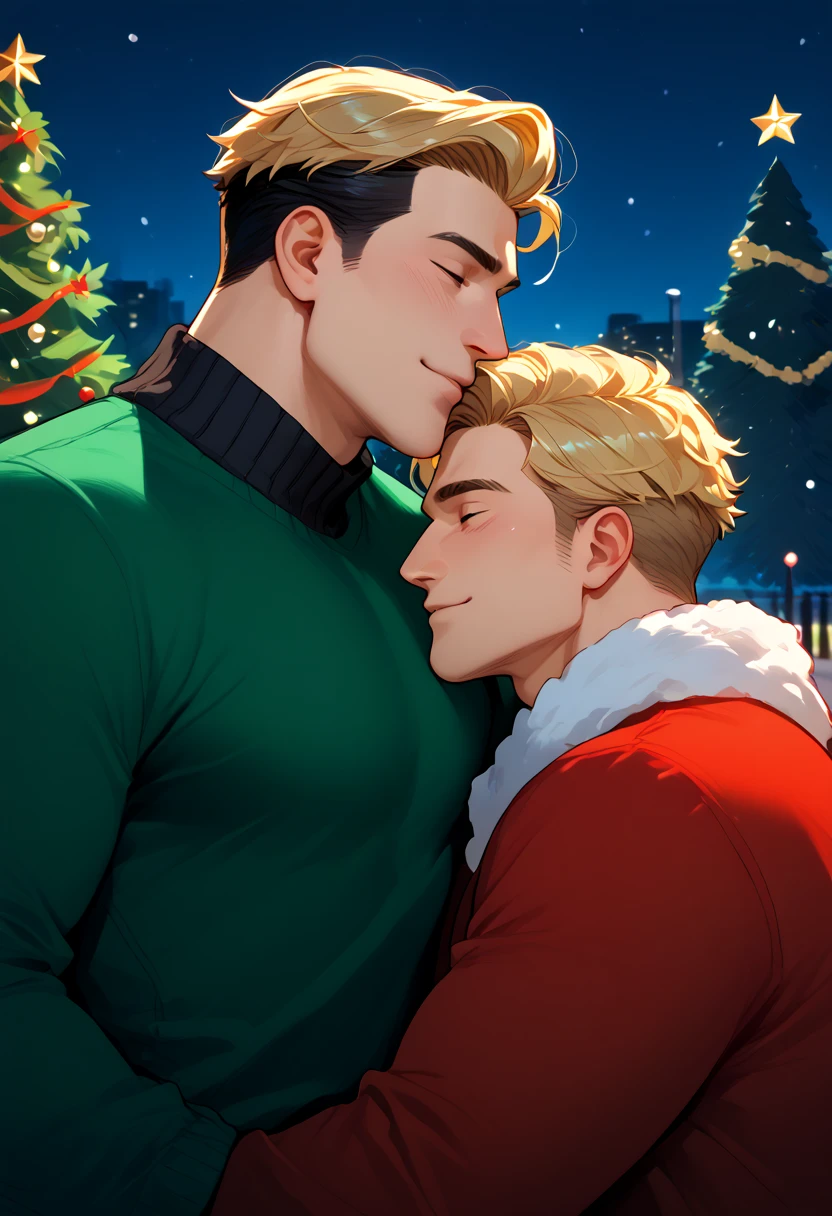 2men. Christmas night. Near in Christmas tree. In park. Cuddling. Wearing Winter clothers. Blonde man and blackhair man. They love each other. Looking each other. 