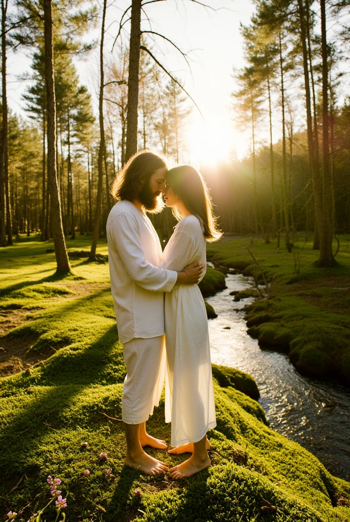 A serene forest clearing bathed in golden sunlight during the late afternoon. A bearded man and a woman stand barefoot on soft moss, dressed in simple, flowing white outfits that blend harmoniously with nature. The man gently holds the woman in his arms, their foreheads touching as they share a tender kiss. Surrounding them are tall trees with leaves rustling softly in the breeze, wildflowers scattered across the ground, and a small stream flowing nearby, reflecting the sunlight. The atmosphere is peaceful, romantic, and deeply connected to nature.