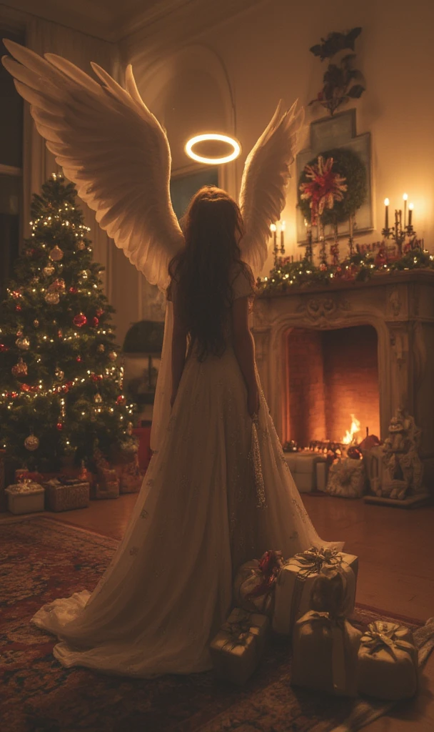 (8k, Foto RAW,  superior quality, master part: 1.2), (Realistic, photoRealistic: 1.37), Christmas, angle,  Christmas tree , gifts.  (((Woman angle with wings and halo.))) Living room fireplace . Angle flying about the presents.