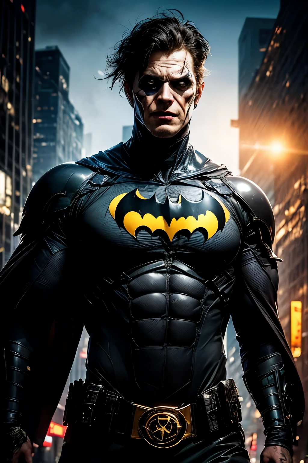 a joker with crazy face tattoos, wearing a batman suit, (best quality,4k,8k,highres,masterpiece:1.2),ultra-detailed,(realistic,photorealistic,photo-realistic:1.37),HDR,UHD,studio lighting,ultra-fine painting,sharp focus,physically-based rendering,extreme detail description,professional,vivid colors,bokeh,dark,gritty,dystopian,cinematic lighting,dramatic shadows,moody atmosphere,intense expression,malicious grin,piercing eyes,distorted features,textured skin,intricate tattoo designs,high-tech batman suit,armored plating,utility belt,cape and cowl,dynamic pose,action scene