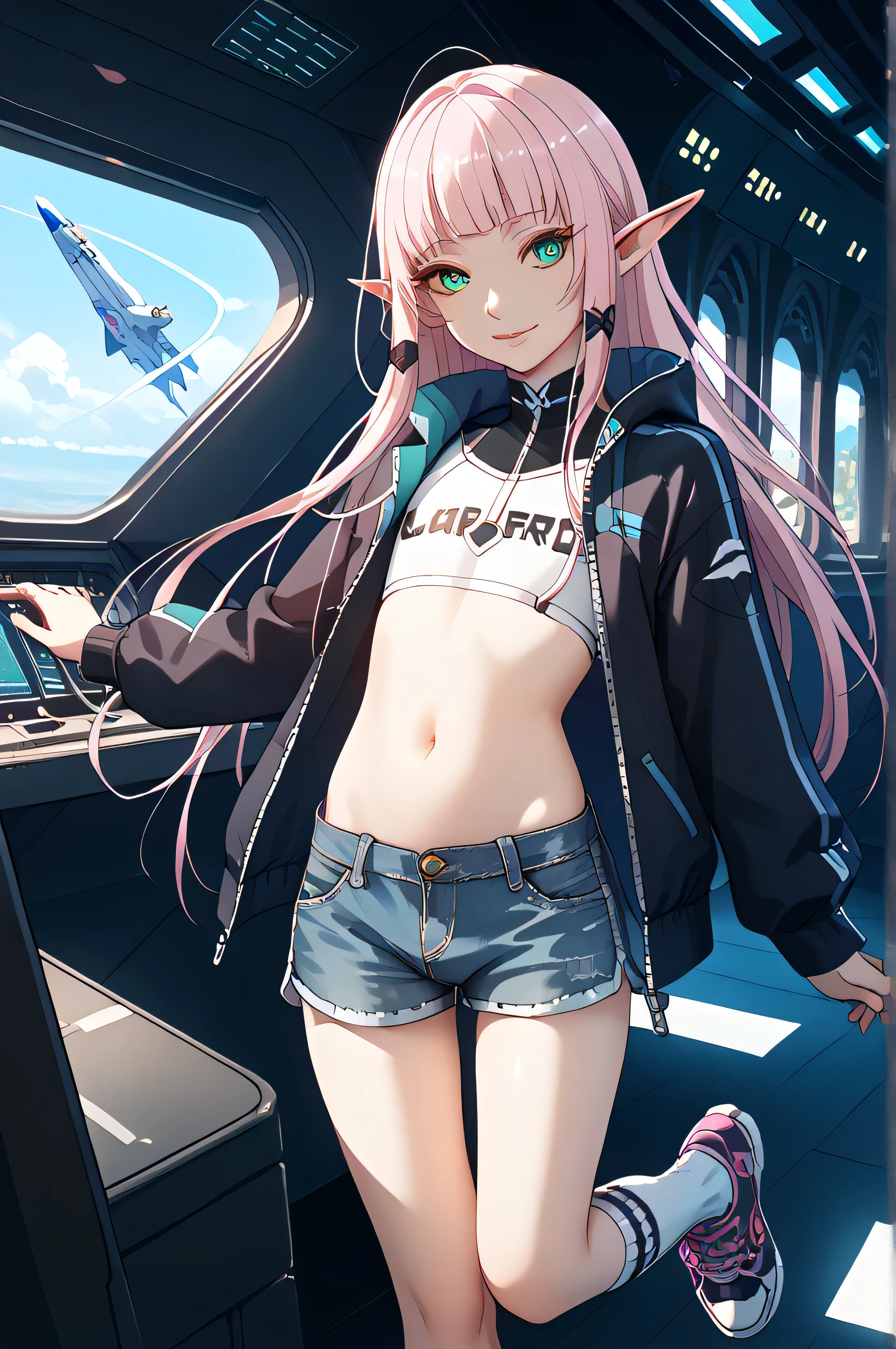 (((best quality))), (((masterpiece))), spacecraft_interior, elf, 17years old, otoko no ko, femboy, girly,  pink_hair, straight_long_hair, turquoise_eyes, thin_lips, crossdressing, casual jacket, crop_top, focus navel, lowleg_shorts,thigh_high_socks, sneakers, cyberstyle wear, uncensored, fullbody, light smile, 