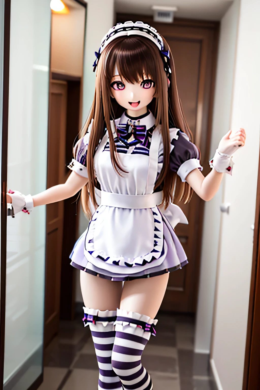 (SFW:2), photorealistic, realistic photo, 8k, Canon EOS, ((highest quality)), ((masterpiece)), (extremely detailed), dd, doll, idol dress, plastic skin, (squinted eyes:1.4), (mature woman, 21yo, 21 years old, solo, corridor:1.6), (from side, walking, slim, skinny, slender, brown hair, long hair, maid headpiece, bow, purple maid costume, maid apron, striped thigh highs, smile, half open mouth, purple brown eyes, glass eyes, shining eyes, looking at viewer, detailed face:1.3)