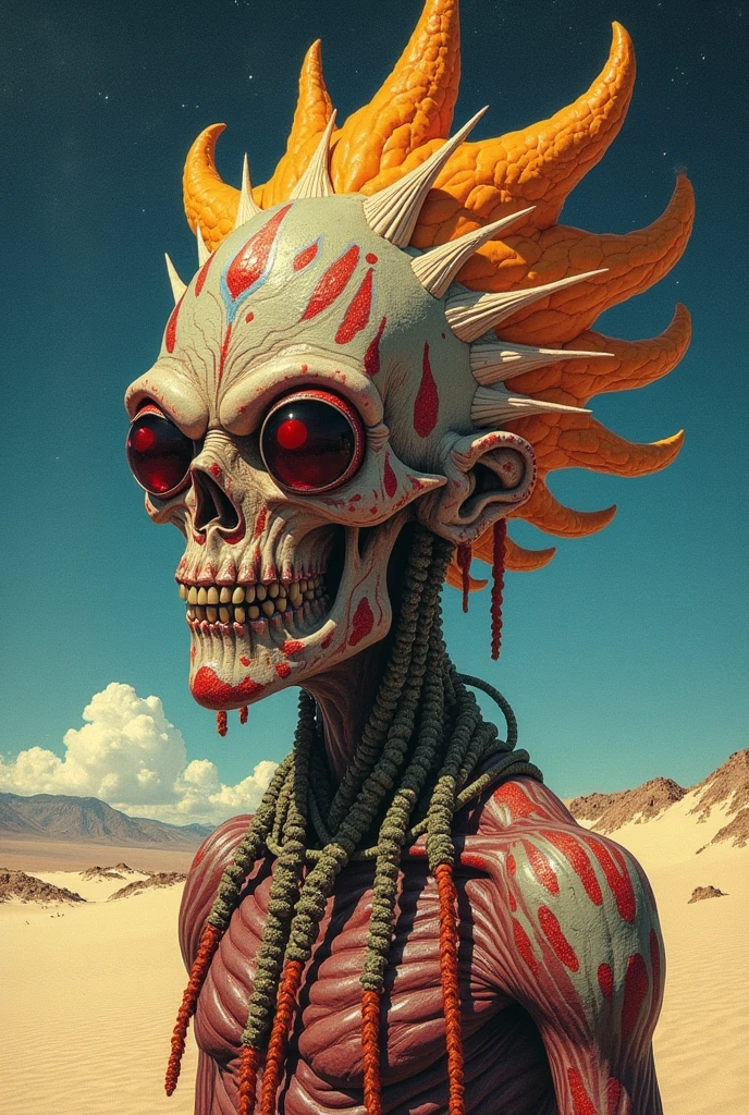 (medium full shot) of (peculiar hybrid creature) with bioluminescent rainbow skin, feathery down, segmented body, elongated skull, bioluminescent fins, glowing tattoos, vegan tendrils, in set in a desolate alien wasteland, with twisted terrain, bizarre rock spires, eerie glow, alien structures, ,Masterpiece,best quality, photo, realistic, very aesthetic, detailed face,