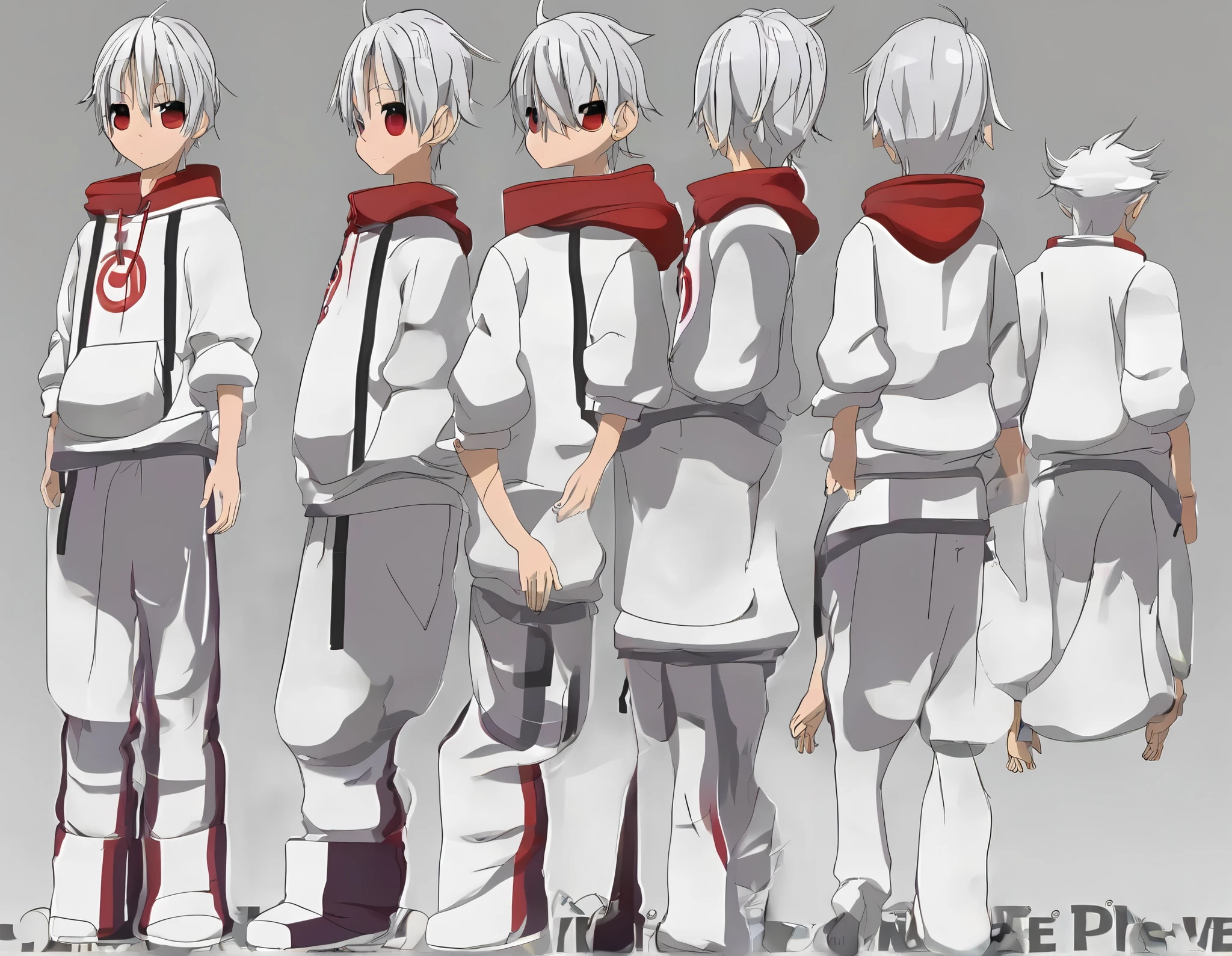 3D model reference sheet of anime boy, silver hair, ahoge, red eyes, cheek barcode, white oversized sweatshirt and pants, barefoot, front side and back views, turnaround, white background, cute, tall chibi, big hands and feet, small ghost mascot
