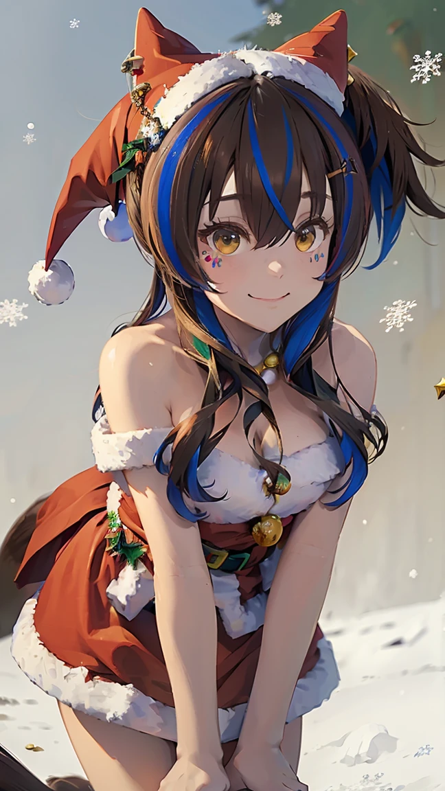 masterpiece,  top quality,    high res ,   very detailed bust ,((( Daitaku Helios ))), ((( Santa Cosplay))), (((Snow Scene))), smile