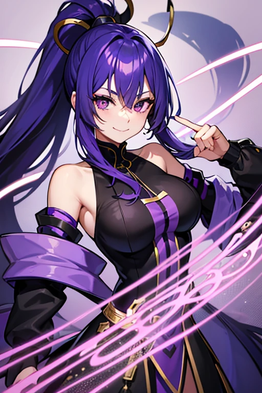 Illustrate a powerful D&D woman mage with purple skin, long wavy purple hair, and neon purple eyes. She radiates with vibrant neon purple energy, dressed in a short purple and black dress that accentuates her magical aura. Her presence exudes power and confidence as she commands the arcane forces around her. The scene captures her in a moment of intense magical concentration, surrounded by swirling neon purple energies that manifest her formidable magical abilities.