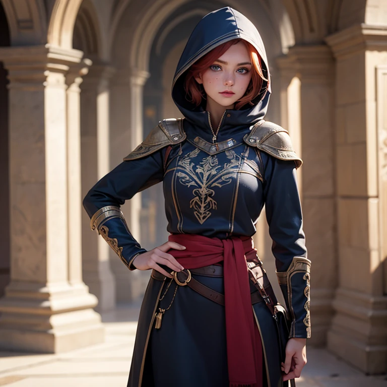 (nude)(realistic oil painting, Image up to the waist, 20-year-old princess, Englishman, black eyes, Vibrant appearance, Redhead, short hair), Ezio Auditore Tunic, Hooded, black, brown, red detail, Decorations, Freckles 10% of the zygomatic bones, Perfect Face, Critical Camera, Blurred Background, Warm Light, Garment Details, Strong leftovers, Mystery Pose