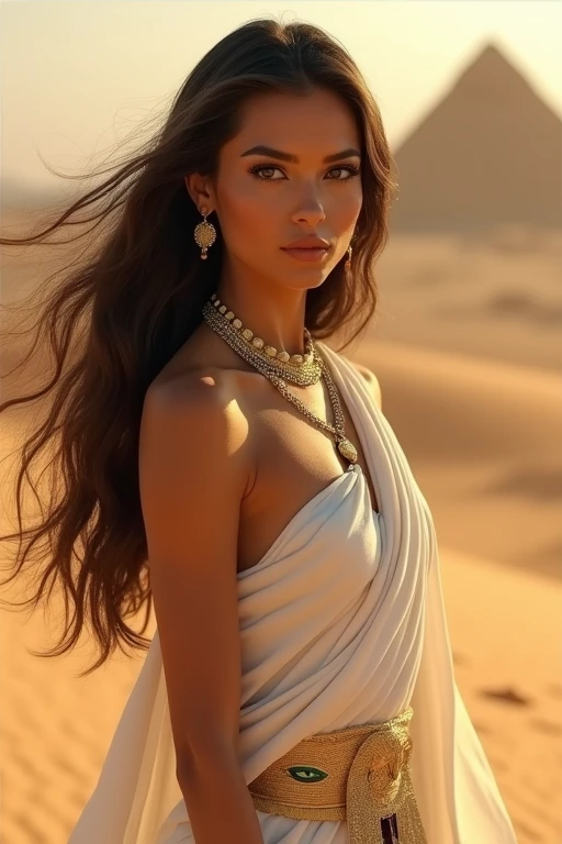 A majestic portrait of the goddess of femininity and power in ancient Egypt, Her skin is wheatish, her hair is dark brown.situated against a warm golden sandstone backdrop, with subtle pyramidal structures in the distance. Softly lit by a late afternoon sun, her flowing white linen robe billows behind her, accentuating her confident stance and highlighting the intricate details of the Eye of Horus pendant on her gold chain. Her sharp facial features are illuminated by the gentle glow, and her kohl-rimmed eyes sparkle with intelligence and wisdom.high details, high resolution. slightly look to the camera detailed matte painting, deep color, fantastical, intricate detail, splash screen, complementary colors, fantasy concept art, 8k resolution trending on Artstation Unreal Engine 5 Cinematic film still, shot on v-raptor XL, film grain, vignette, color graded, post-processed, cinematic lighting, 35mm film, live-action, best quality,