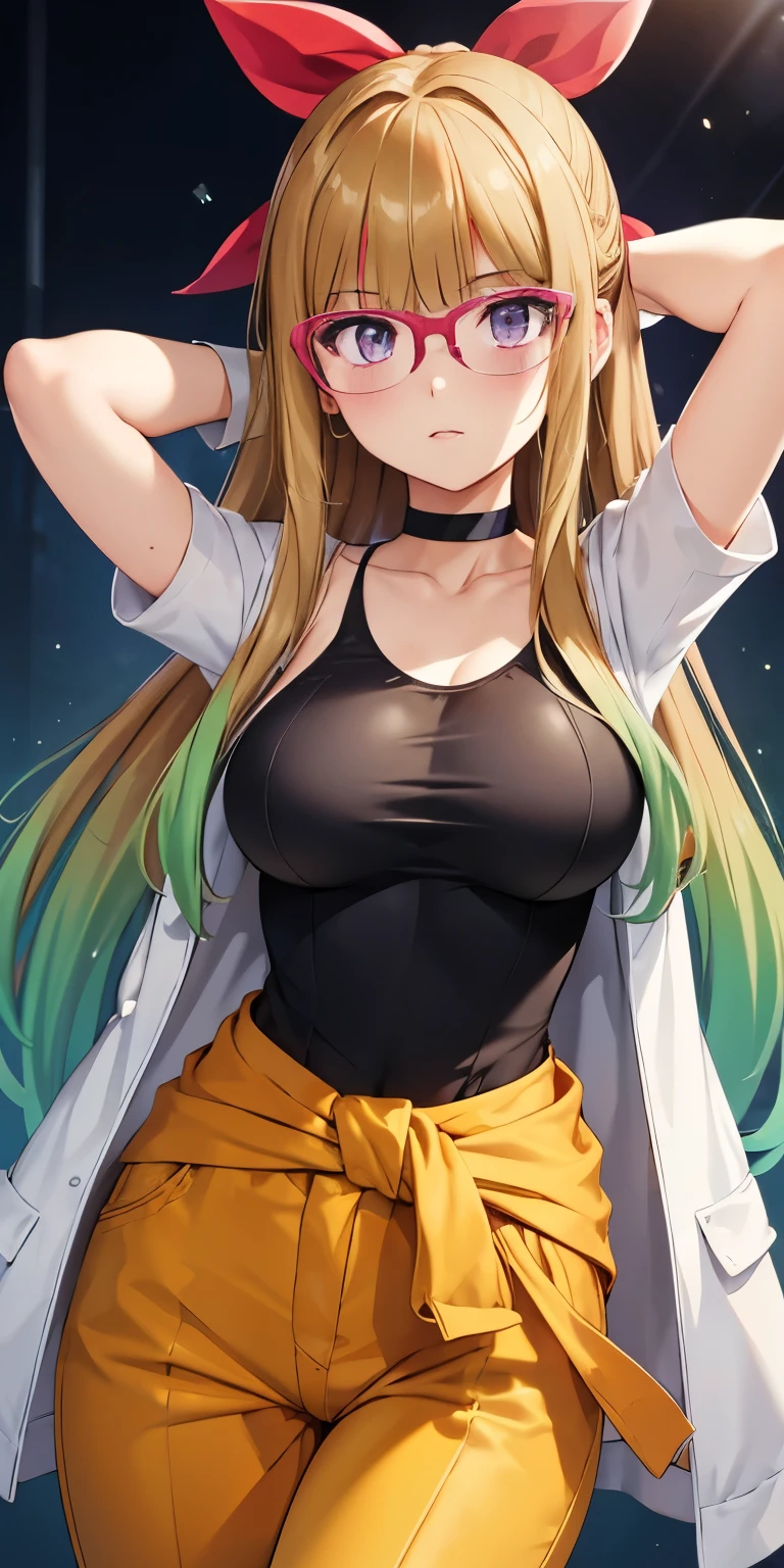 1 Female,High definition,high resolution,Ultra-realistic,8K, ohdoyuamu, 1girl, solo, long hair, green hair, blonde hair, brown hair, bow, ribbon, purple eyes, hair ribbon, hair bow, glasses, green choker, white gloves, blunt bangs, red-framed eyewear, jacket, green shirt, short sleeves, white jacket, clothes around waist, orange pants, large breasts,European,sexy,Upper body close-up,Photographed from the front,Dynamic Angles,(blush), (medium tits) ,(arms behind head)