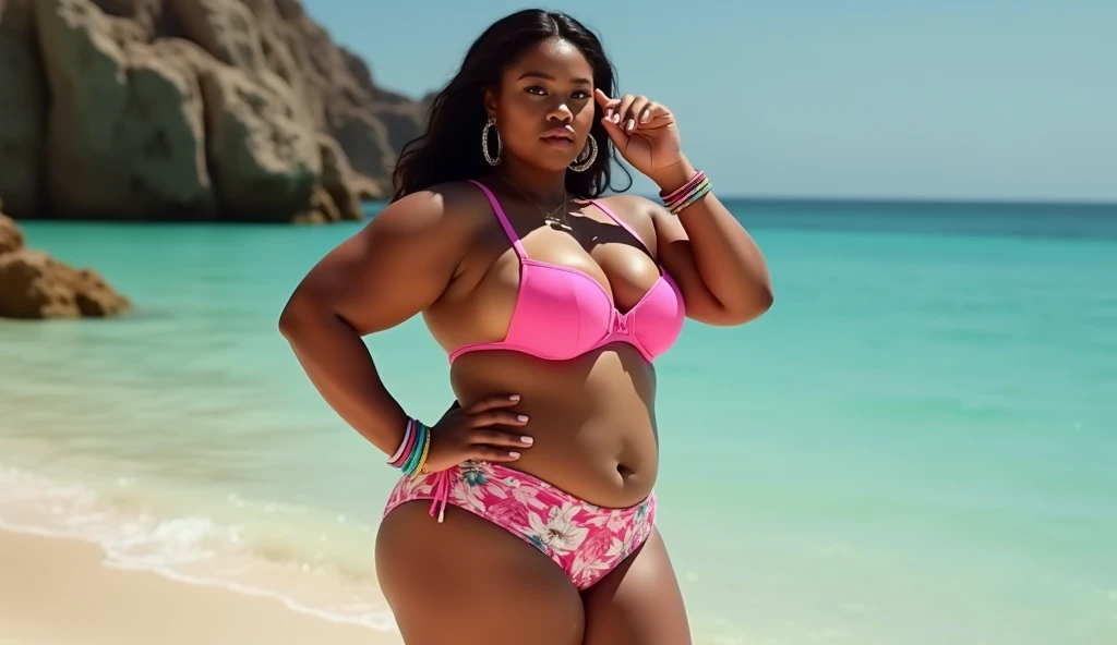 60 years old african long Hair wearing red bikini pink panties wearing a gold necklace Very fat wearing red nail polish
