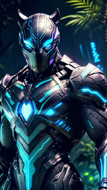 (masterpiece, ultra-detailed, cinematic:1.5), Black Panther Cyborg wearing a metallic vibranium mesh suit enhanced with glowing electronic circuit patterns in a jungle setting, his mask featuring a digital visor with blue holographic details, claws extended with neon accents, surrounded by bioluminescent plants and glowing tree roots, his retractable metal wings folding behind him in the shape of panther claws, faint Wakandan glyphs glowing on his suit, energy pulses radiating from his chest emblem, futuristic jungle bathed in soft green and purple lights, cinematic rim lighting, intricate textures on the cyber-enhanced armor, ultra-realistic environment, 8k rendering.