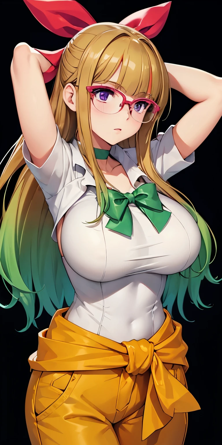 1 Female,High definition,high resolution,Ultra-realistic,8K, ohdoyuamu, 1girl, solo, long hair, green hair, blonde hair, brown hair, bow, ribbon, purple eyes, hair ribbon, hair bow, glasses, green choker, white gloves, blunt bangs, red-framed eyewear, jacket, green shirt, short sleeves, white jacket, clothes around waist, orange pants, large breasts,European,sexy,Upper body close-up,Photographed from the front,Dynamic Angles,(blush), (big tits) ,(arms behind head)