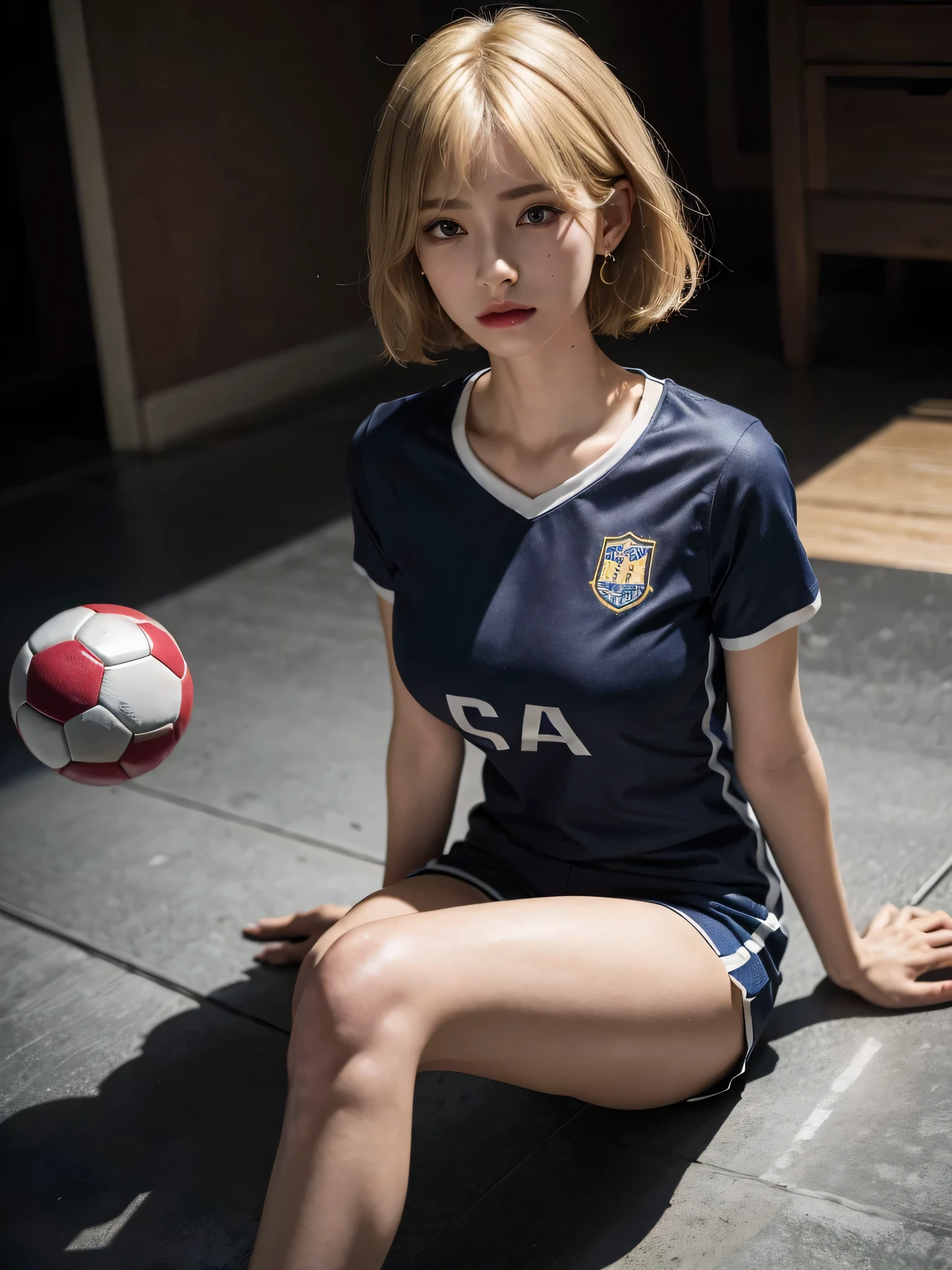 solo, 1 mature woman, ponytail blonde hair, blue eyes, wearing soccer jersey, sport shoes, 8k resolution, ultra-detailed, masterpiece, highest quality, (soccer field), blush, parted lips