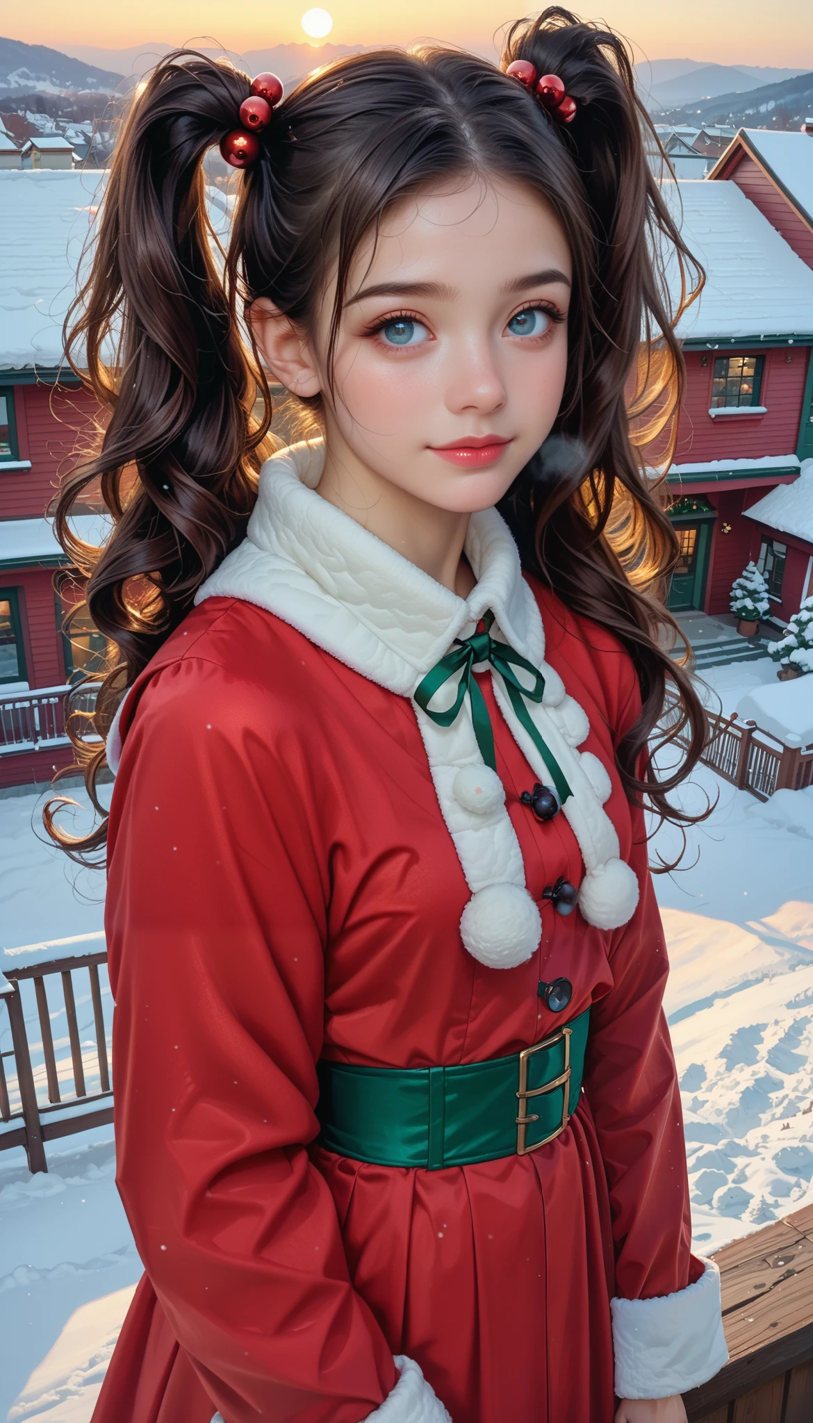 masterpiece， top quality，  high image quality，(  super flat  ，  flat shading )，  fisheye lens，  Beautiful ***ite young Japanese girl standing on the roof of a multi-tenant building、 Santa cosplay 、 red costume 、 twin tails, Moderate bust、smile,  White Breath，fun, winter, snow, 新snow，dusk，  Beautiful Sunsets  ，Wide angle,  bright color ，Strong winds，Flowing hair、solo、
