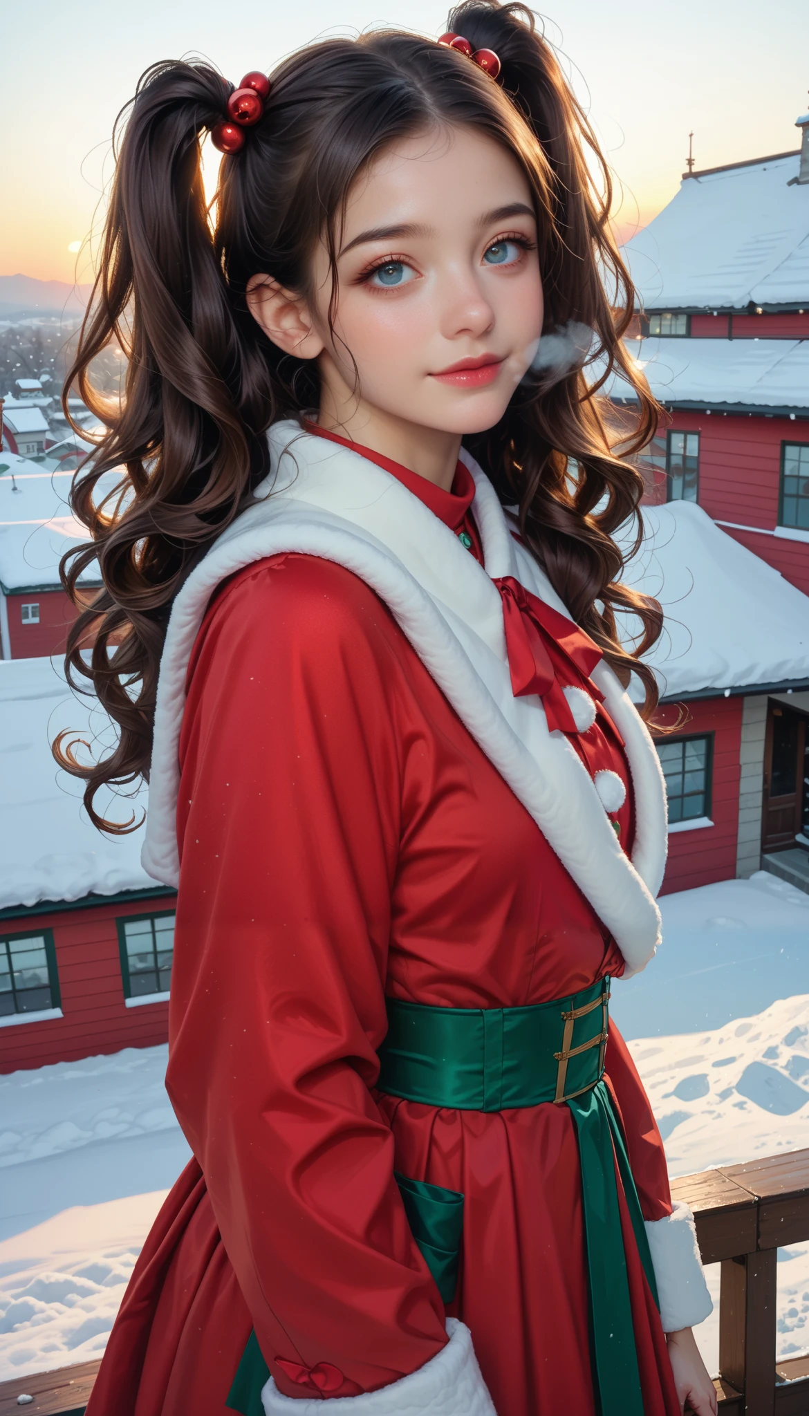 masterpiece, top quality, high image quality,( super flat , flat shading ), fisheye lens, Beautiful ite young Japanese girl standing on the roof of a multi-tenant building、 Santa cosplay 、 red costume 、 twin tails, Moderate bust、smile, White Breath,fun, winter, snow, 新snow,dusk, Beautiful Sunsets ,Wide angle, bright color ,Strong winds,Flowing hair、solo、