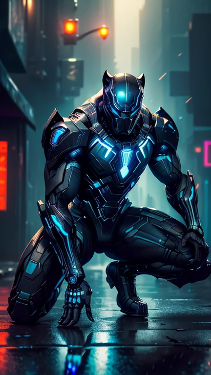 (masterpiece, dark, stealthy brilliance:1.4), Black Panther Cyborg crouched in a shadowy cyberpunk alley, his glowing vibranium mesh suit subtly pulsing with faint blue circuits, claws retracted but glowing faintly, retractable metal wings folded close to his back like a panther’s posture, digital visor projecting holographic glyphs, rain-soaked urban textures reflecting neon city lights, holographic graffiti visible on walls, intense shadows and high contrast lighting, moody atmosphere, cyberpunk noir style, soft mist rising from vents, intricate suit details, cinematic focus with photorealistic rendering.