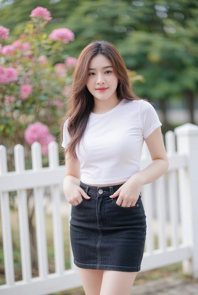 Thai girl with long hair, natural brunette lets go, slender,  medium breasts,  Smirk,  wearing a white round neck T-shirt with short sleeves,  Short black pencil denim skirt  , Random pose ,Standing posture,  Moonlight , Daylight  , White Wooden Fence ,Pink flowers,