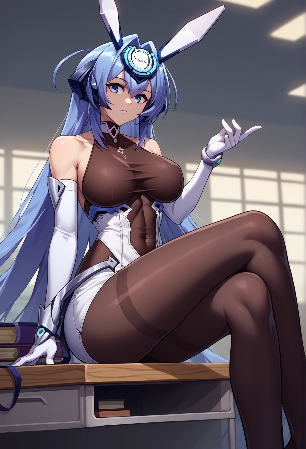 score_9, score_8_up, score_7_up, source_anime, solo, 1girl, newjerseydef, sitting on top of a desk, legs crossed, headgear, white dress, bodystocking, covered collarbone, covered navel, white gloves, elbow gloves, black pantyhose, thighband pantyhose, bare shoulders, large breasts, 