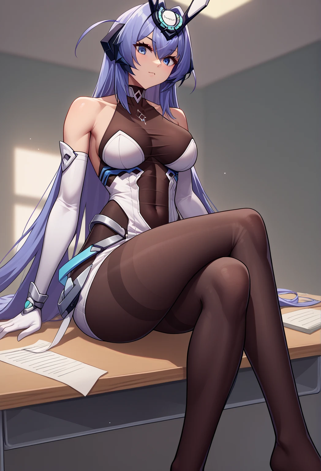 score_9, score_8_up, score_7_up, source_anime, solo, 1girl, newjerseydef, sitting on top of a desk, legs crossed, headgear, white dress, bodystocking, covered collarbone, covered navel, white gloves, elbow gloves, black pantyhose, thighband pantyhose, bare shoulders, large breasts, 