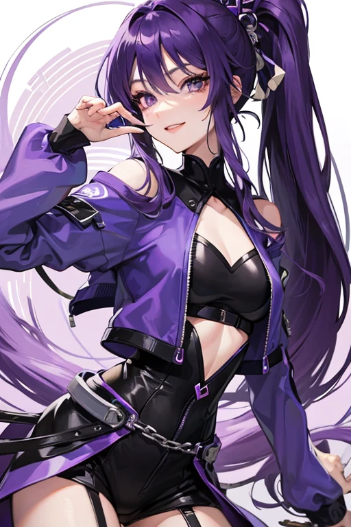masterpiece, best quality, highres, 1girl, rebecca \(cyberpunk\), solo, long hair, mechanical eye, colored sclera, purple sclera, colored skin, white skin, leg tattoo, neck tattoo, black hair, long hair, fang, purple pupils, skin fang, purple eyes, black jacket, standing, cowboy shot, straight-on, cute smile, white background, portarit