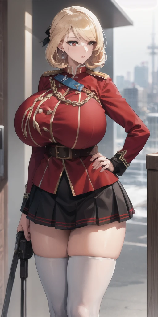 High resolution, Sharp focus, masterpiece, ((Intricate details)), Very detailed, One girl, (tall),  (stocky build:1.25), (gigantic huge breasts), (gigantic thick thigh), (gigantic huge hip), narrow waist, cowboy shot, princeofwalesazl, blonde hair, short hair, red eyes, red jacket, red and white uniform, military uniform, black skirt, pleated skirt, belt, thigh high socks, white scoks, naval port, 