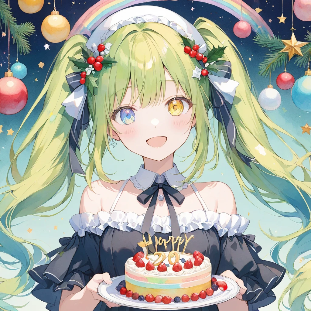 ((pastel、  Watercolor Style  ))、1 woman holding a cake , cake with 2400 written on it , black off-shoulder dress, volume sleeve ,smile , yellow-green hair, twin tails ,diagonal,  rainbow heterochromia,(( yellow eyes)),(( light blue eyes)),(( detailed eyes)) ,Laughter,piece, happy,  Moderate Blur  , Strong vignette , soft colored illustration .  Christmas Background ,red. masterpiece, top quality , exquisite,8k,  absurd,  Super Detailed Illustration  ,(  viewers )