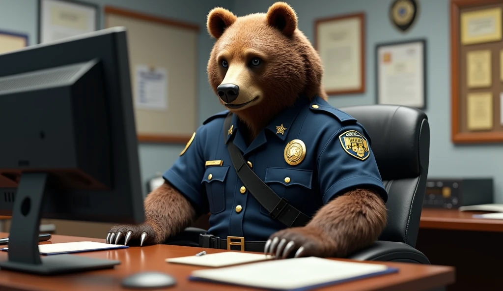 ultra realistic 3D picture of a bear dressed as a police sitting on his desk in a police station