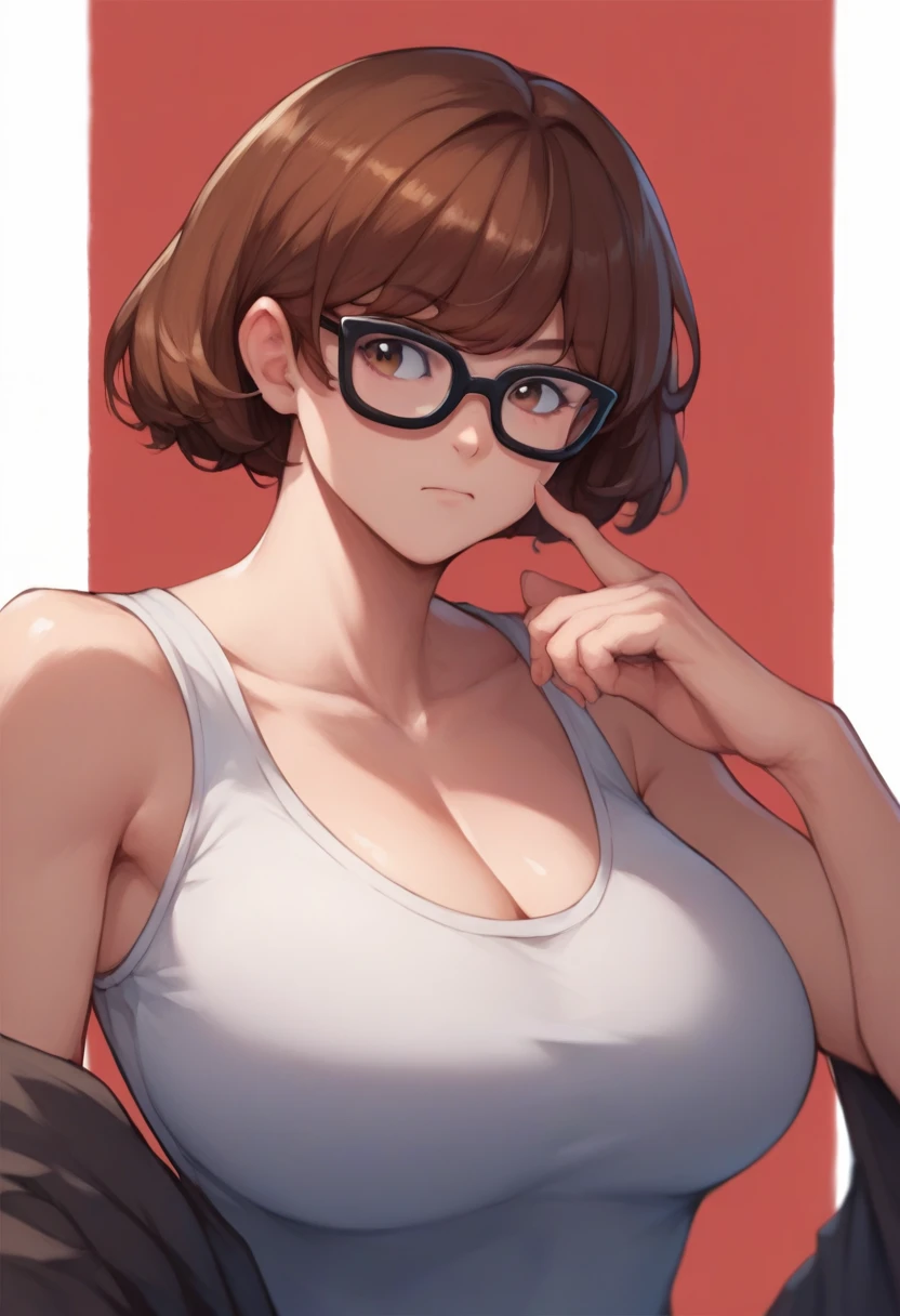 score_9, score_8_up, score_7_up, source_anime BREAK 1girl, VelmaXL, 1girl, single, Short hair, wearing black glasses ,  Brown Hair ,   brown eyes,  Big Bust,  Big Bust