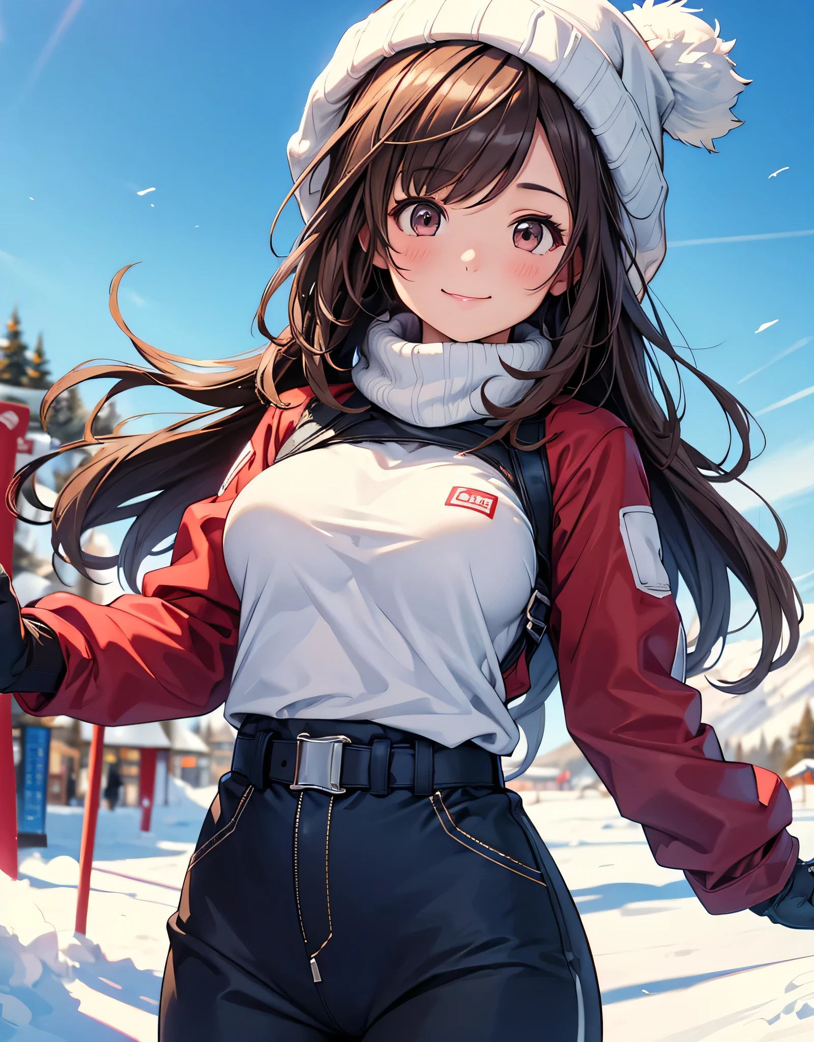  One girl , solo,  high res, , ( Big Breasts ), Look away,  blush,  smiles,  long hair, bangs,  brown eyes,  high res, masterpiece, accurate,  anatomically correct,  won numerous awards, 最 High Quality , High Details,  high definition model ,  High Quality ,  retina,  very detailed,  Ultra Fine, Brown Hair, standing, (((blue and white ski wear))),  ski resort, Knitted hat, goggles,  Pants Style , Mittens gloves , 