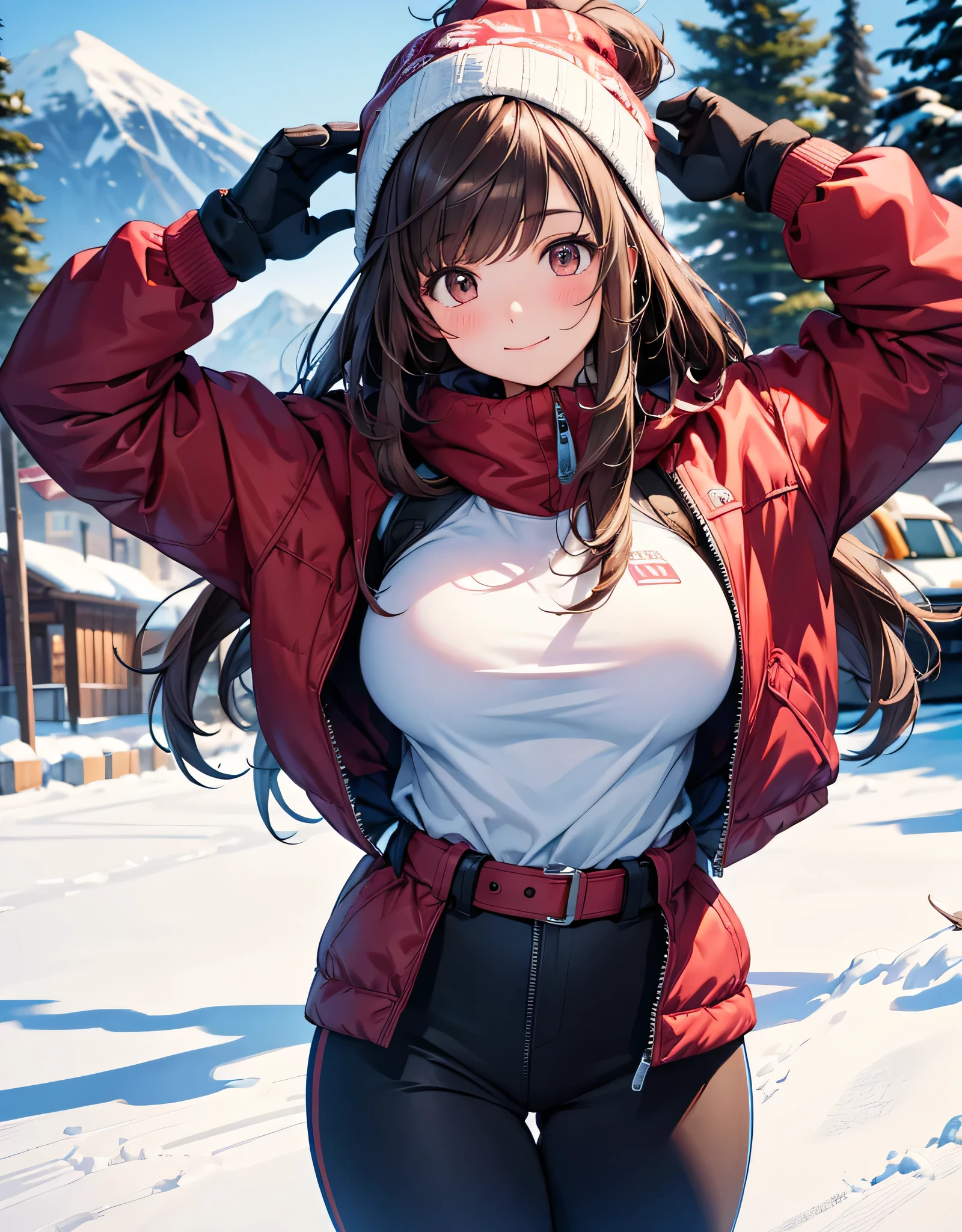  One girl , solo,  high res, , ( Big Breasts ), Look away,  blush,  smiles,  long hair, bangs,  brown eyes,  high res, masterpiece, accurate,  anatomically correct,  won numerous awards, 最 High Quality , High Details,  high definition model ,  High Quality ,  retina,  very detailed,  Ultra Fine, Brown Hair, standing, (((blue ski wear))),  ski resort, Knitted hat, goggles,  Pants Style , Mittens gloves , 