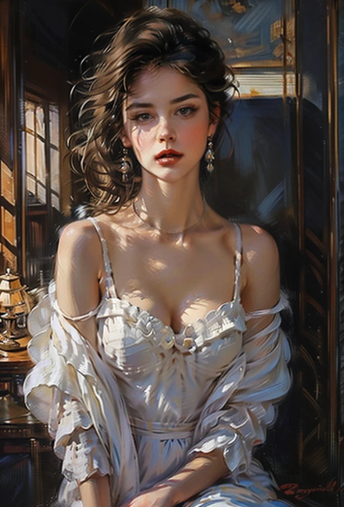 ((of the highest quality, 8K,Raw photo)), (Realistic, Photorealistic: 1.37), (Face Focus: 1.1), medium breasts, Short hair, Elegant vintage painting of a woman in a longdress at the window 、Japan idol system, Arms up, From below, Sunlight, Movie Lighting,oil painting, fine arts , ultra detailed 