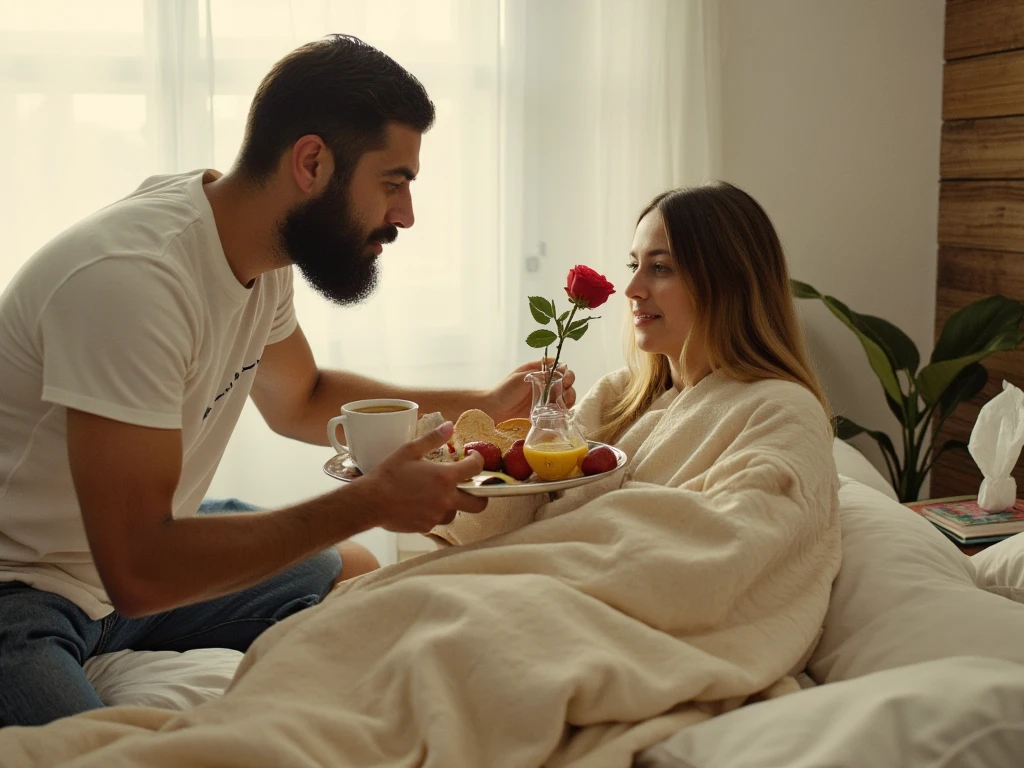 A peaceful bedroom bathed in soft morning light. A bearded man gently approaches the bed, holding a tray with a warm breakfast: a cup of tea, toast, fresh fruit, and a single red rose in a small vase. The woman, lying in bed with a blanket wrapped around her, looks tired but smiles warmly at him, touched by the gesture. The man leans over to place the tray carefully on her lap, his expression full of love and tenderness. The room feels cozy, with a soft comforter, fluffy pillows, and a few books and tissues on the bedside table, emphasizing care and affection.