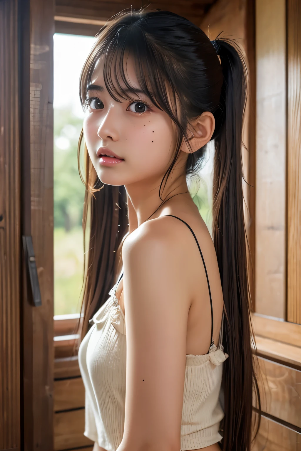 Arafed asian woman with long hair and a ponytail in a white top - SeaArt AI