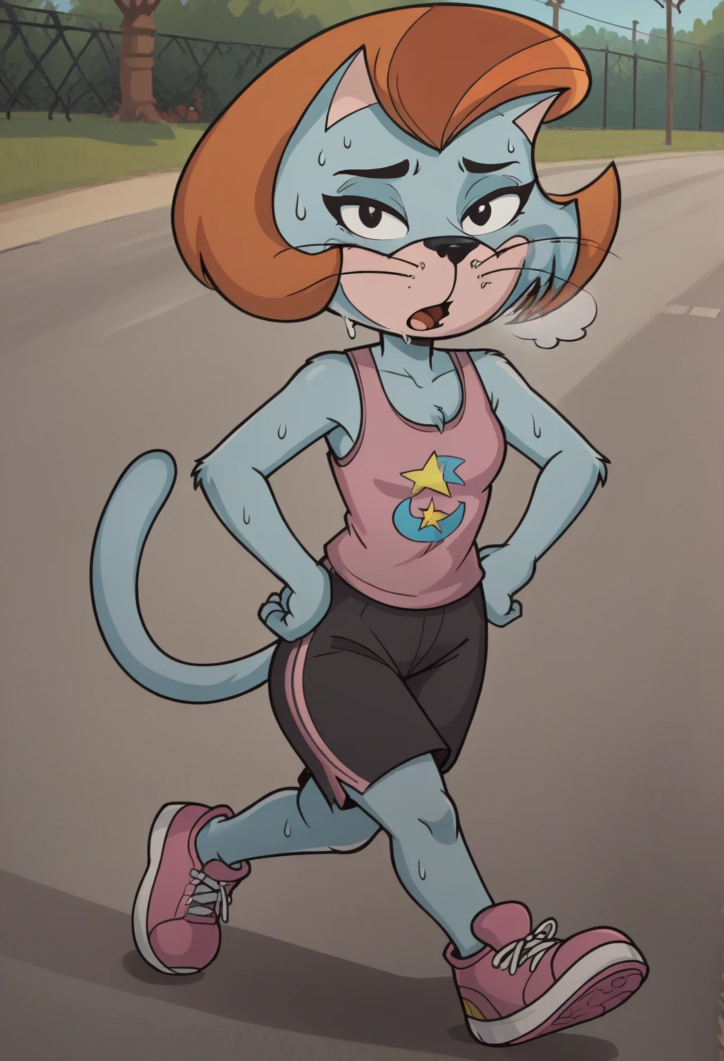 score_7_up, score_8_up, score_9, 2d, cartoon, 
trixie-topcat, catgirl, anthro cat, blue fur, orange brown hair, black eyes, pink tanktop, black yoga shorts, hands on hips, looking at viewer, full body view, out of breath, sweaty, open mouth, tired exporession, pink running shoes, running pose