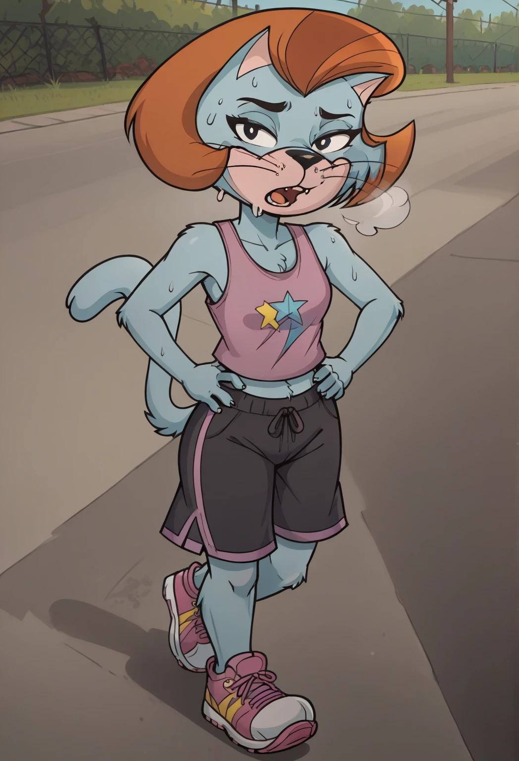 (nicolewatterson:1.2), 1girl, solo, masterpiece, a cat girl jogging at the park, medium breasts, tail, ultra-detailed, high contrast, women's activewear, running, sweat, skin tight, blue skin, outdoors