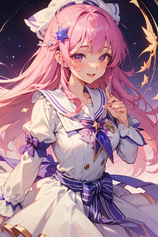 her eyes gain turquoise heart-shaped flecks. Her hair turns light purple and grows long, worn like her civilian form, but held by pink and yellow ribbons. She also has pink hearts on her cheeks. On her head is a white sailor hat with an indigo and light blue bow and a pink coral-shaped shell in the middle of the bow. On the right of her head is a clip with yellow and pink pearls. Her dress is lilac with a low sailor collar, white crisscrossed ribbons and a wide purple skirt with a short sky blue cape and pale purple ruffles. The sailor collar is held with a purple seashell brooch and a lavender tie-like bow. On her left hip is the carrying case for her Tropical Pact accented with a yellow ribbon. She wears white knee high socks and purple platform heels with ruffled yellow anklets. Her accessories include a purple v-shaped choker, light blue fingerless gloves with a heart cutout and purple bands, and yellow bow-shaped earrings.