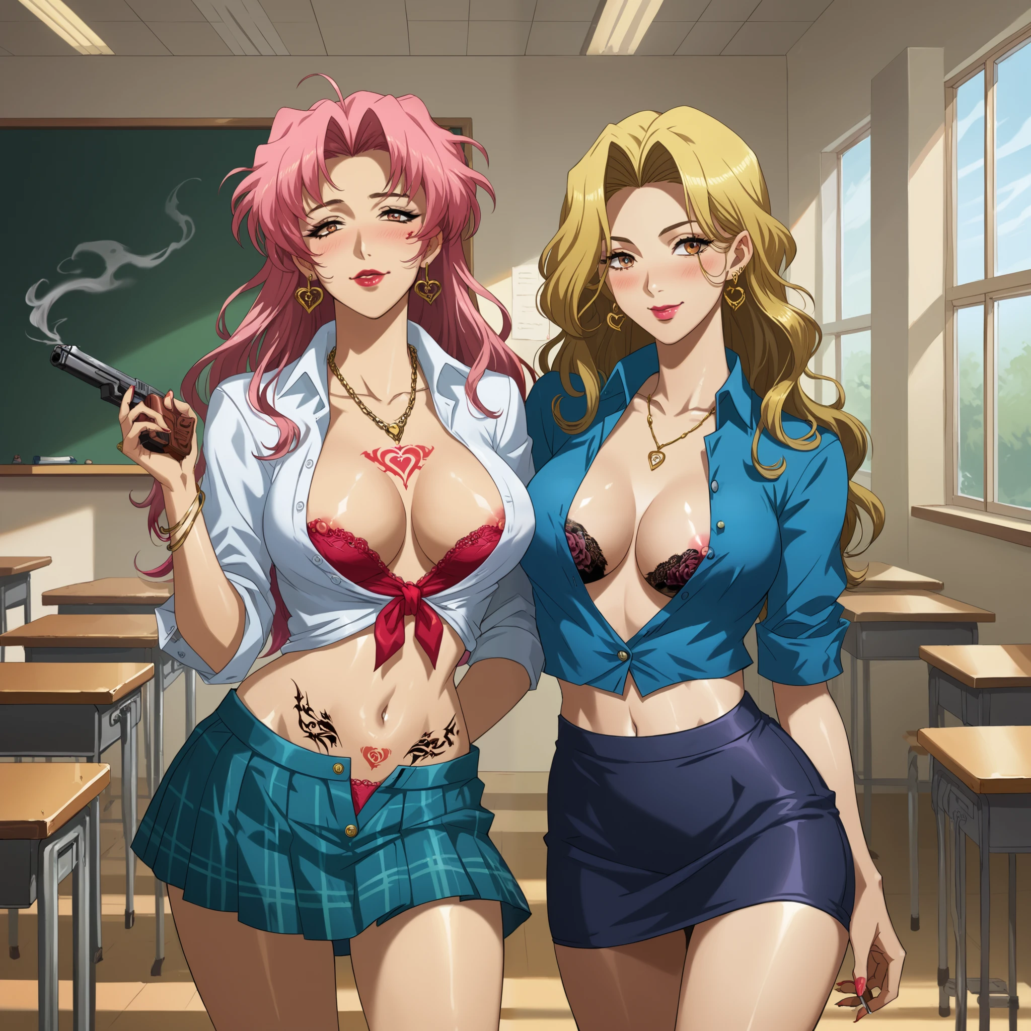 highres, absurdres,solo, 2girl, two girls, LangMStyle, long hair, ear piercing, long hair, blush, lipstick,Hot girl, baddie, smoking, sensual, attractive, large breasts, masterpiece, best quality, ((unbuttoned school uniform, cleavage, necklace, earrings, sexy body,nipple slip, breasts)) , micro skirt, smiling, navel , exposed belly, exposed navel, (nsfw) not safe for work,school, classroom , hold a gun,knot, holding pistol ,,dragon tattoo, tattoo on body, tattoo midriff, rose tattoo, shiny skin,