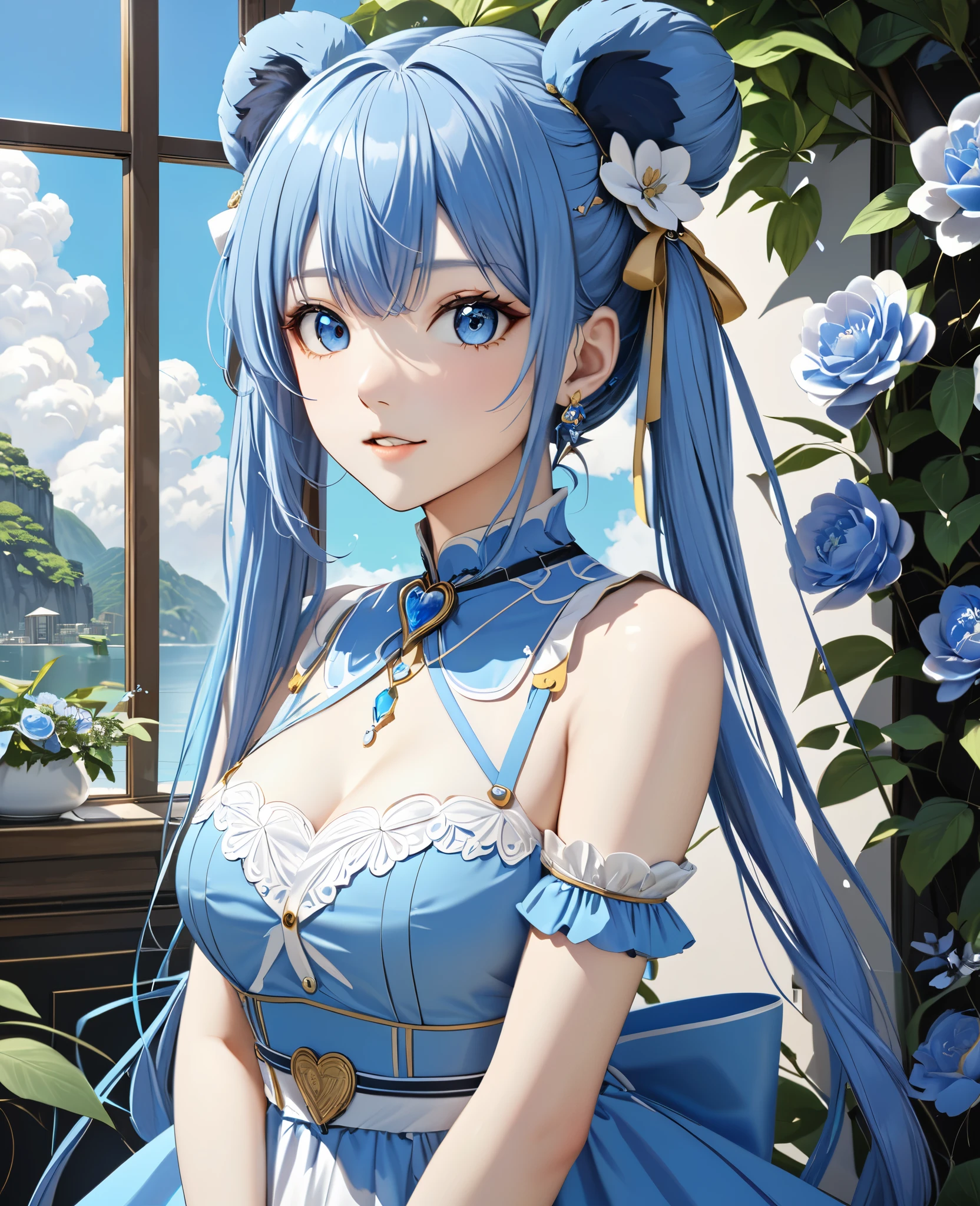 Masterpiece, one woman, solo, Arad in a blue dress, sitting on windowsill, trending on cgstation, 8K high quality detailed art, anime waifu in a nice dress, extremely detailed and exquisite fanart, attractive and alluring Anime woman, WLOP and Sakimichanstyle, Cute and seductive, flowing magical robe, Artgerm's highly detailed and realistic art, blue dress shimmering under the sunlight, delicate features, expressive eyes, crouching pose, showcasing white stockings, beautiful and enchanting.