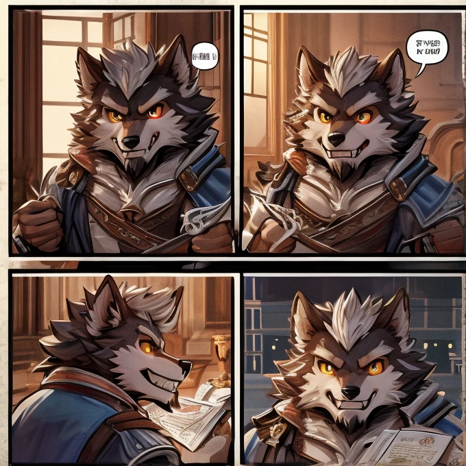 ((masterpiece)), (((high res,top quality)))、 (One々A comic where a cute werewolf makes you happy with 4 scenes)