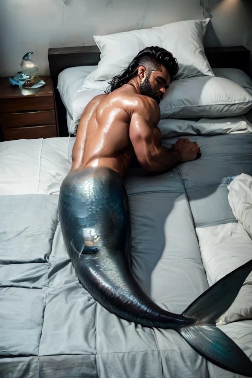  Muscular male bodybuilder with blue muscular mermaid tail. Lies on a wood floor. He is oiled ,  wet and oily . Sexy back and ass .  He is tied with a brown strong navy rope . black hair, black beard. It's raining