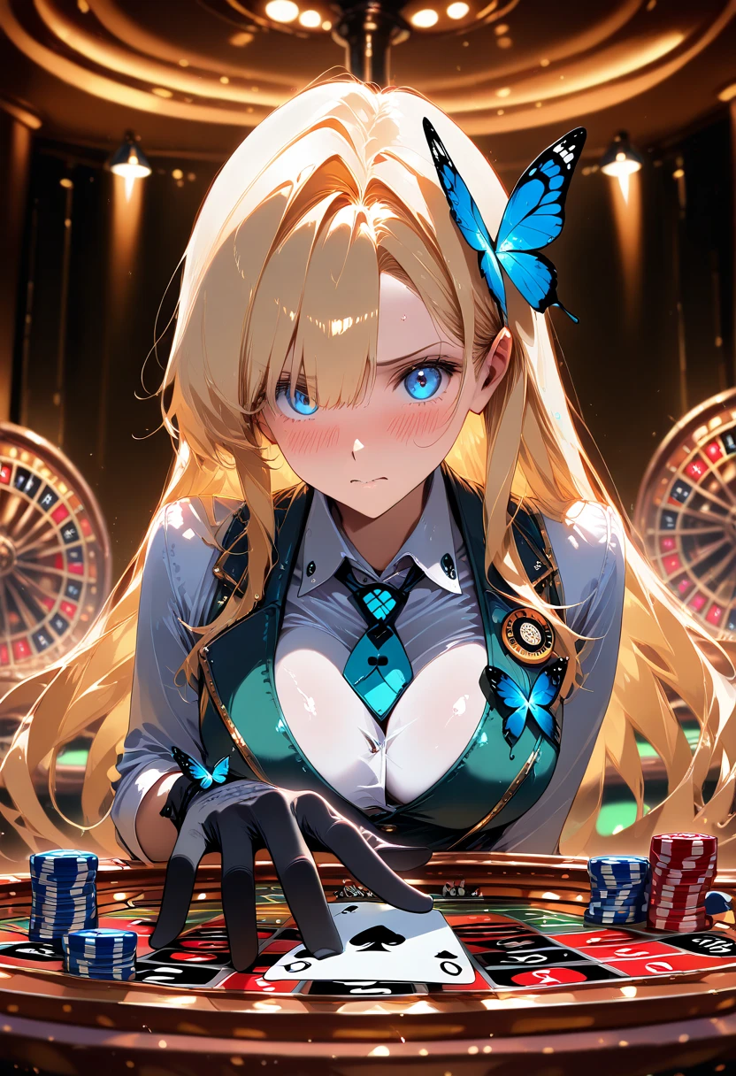 1girl,blonde, poker chip, flying card, embarrassed, roulette wheel, breast, hiding a card on her hand, on hand, long hair, playing card, blue eyes, black gloves, spade card, vest, looking at viewer, minimalist, soft light, bar lighting, butterfly tie