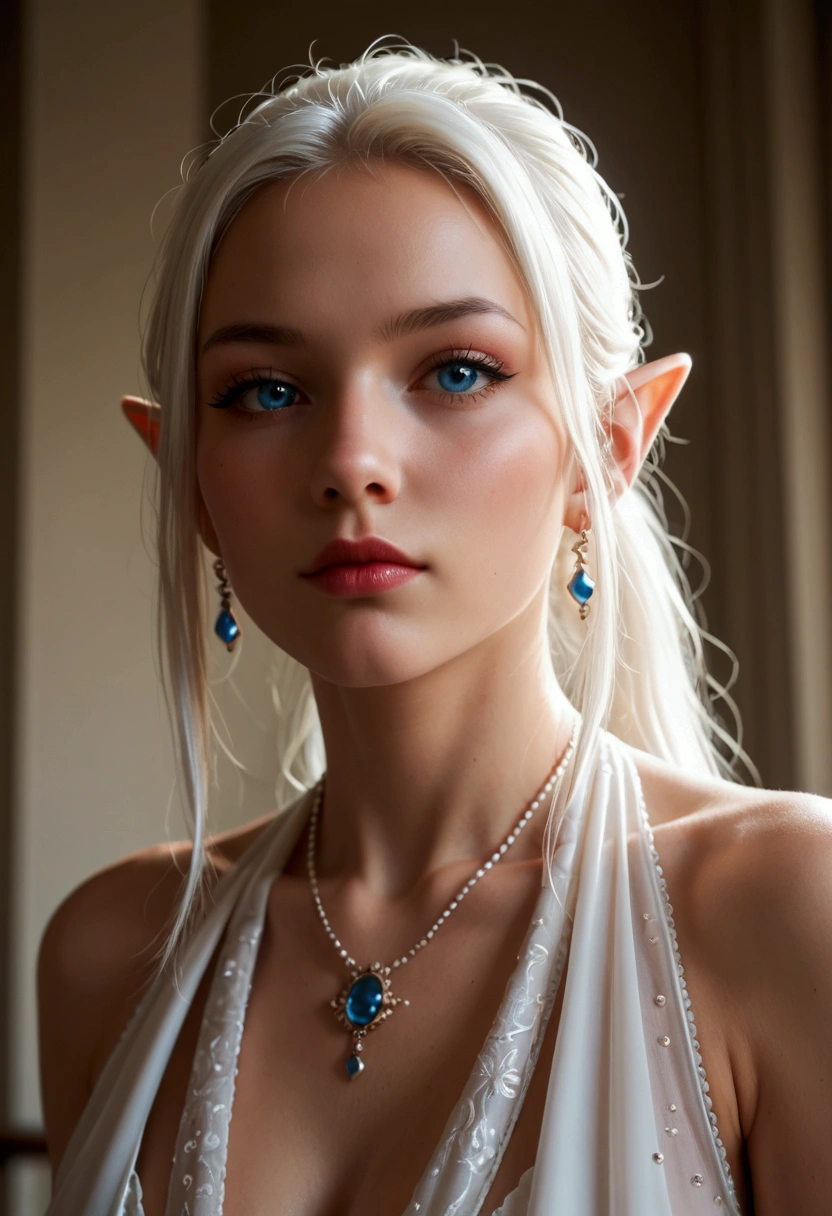 Waist shot of a female elf, Complex, Narrow Face, elegant, Wearing a sapphire necklace, White lightweight dress with straps, To the camera, Very detailed, Digital Painting, Art Station, Concept Art, Smooth, Sharp focus, figure, ArtJam、Greg Rutkowski、Art by Alphonse Mucha, 8k, Volumetric Fog, bloom, light, lumen, Crank blur