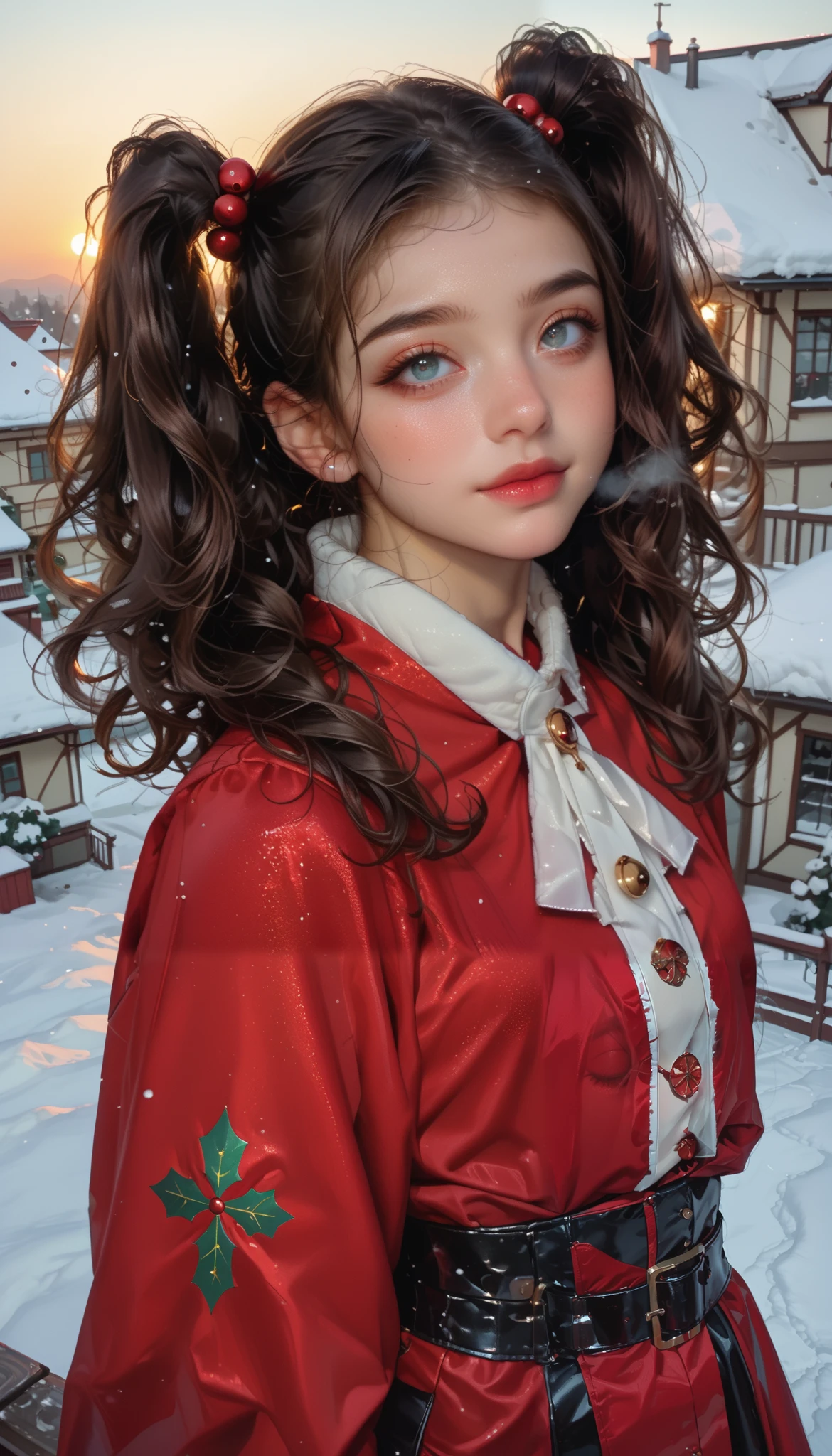 masterpiece， top quality，  high image quality，(  super flat  ，  flat shading )，  fisheye lens，  Beautiful ite young Japanese girl standing on the roof of a multi-tenant building、 Santa cosplay 、 red costume 、 twin tails, Moderate bust、smile,  White Breath，fun, winter, snow, 新snow，dusk，  Beautiful Sunsets  ，Wide angle,  bright color ，Strong winds，Flowing hair、solo、
