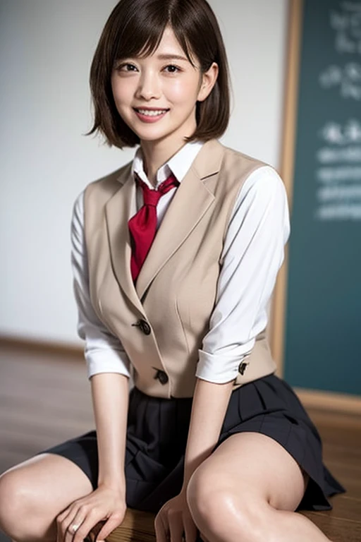 Composition according to the golden ratio , smile, ( top quality )，(非常に Details)，(超 high res), Shortcut hairstyle  、 Japanese woman holding breasts、Autumn school building、Thin legs、 extraordinary beauty、 cute face、最高のsmile、かわいいsmile、facade、slender、School、 (Raw Photos:1.2), ( Photorealistic :1.4),　美しい Detailsな女の子, 非常に Detailsな目と顔, 美しい Detailsな目, huge filesize,  high res, 非常に Detailsな,  top quality , ​masterpiece, ((Japanese school girl uniform)), 非常に Detailsな, CG, 8k wallpaper,  wonderful,  Finely Details,  top quality , H非常に Detailsな CG uniforms、 Eyes 、 movie lighting、55 years old、 Motion Line , breasts  Motion Line , hands back  Motion Line , leg  Motion Line , thigh  Motion Line , bust  Motion Line , feet  Motion Line , Place your arms behind your back,  wrist tied , Tie your ankles,  black hair, ( breast bulge accentuated through clothing:1.3)、Student Council President、 Smile 、Honor student、 I'm ashamed to have so many men staring at me inside my skirt、black standard-sized skirt,(( top quality )), ((masterpiece)), ( Details),  perfect face,Moist and creamy, micro thong lace panties  ， spread his legs wide, Skinny, Showing off white panties,  Shorthair、 blazer uniform